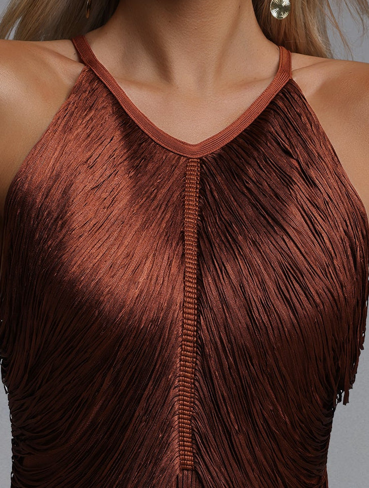 Chocolate Brown Halter Neck Draped Bodice Multi-Tier Long Fringe Bodycon Midi Party Dress - OWNCI