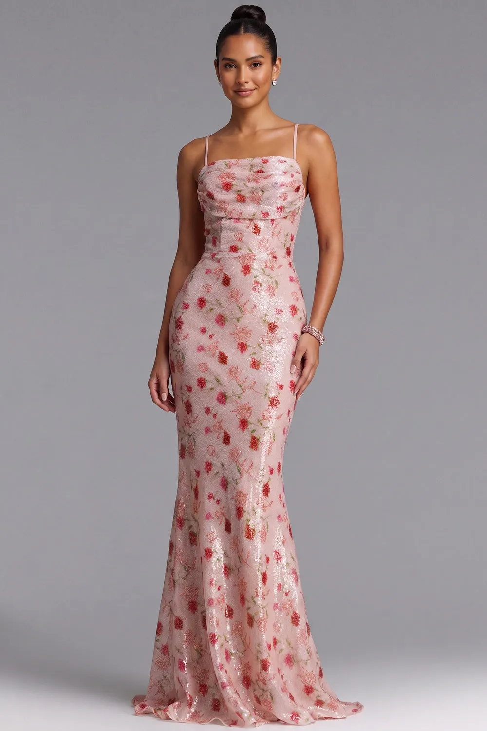 Blush Pink Floral Sequin Mermaid Gown with Lace-Up Back - OWNCI Blush Pink Floral Sequin Mermaid Gown with Lace-Up Back - OWNCI