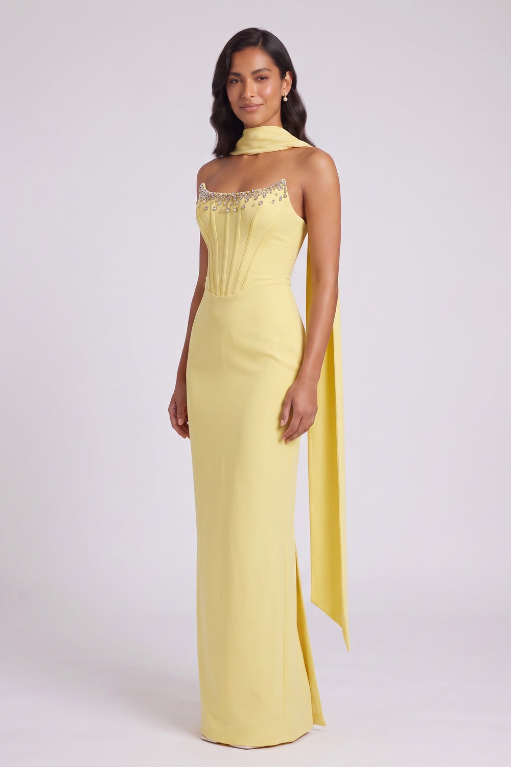 Yellow Halter Maxi Dress with Open Back and Bow Detail - OWNCI