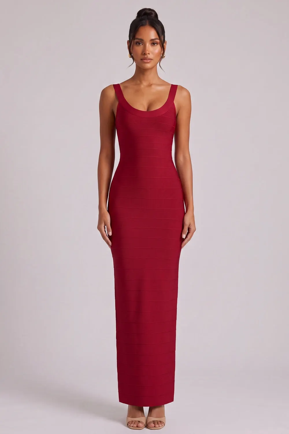 Burgundy Scoop Neck Sleeveless Bandage Midi Dress - OWNCI Burgundy Scoop Neck Sleeveless Bandage Midi Dress - OWNCI