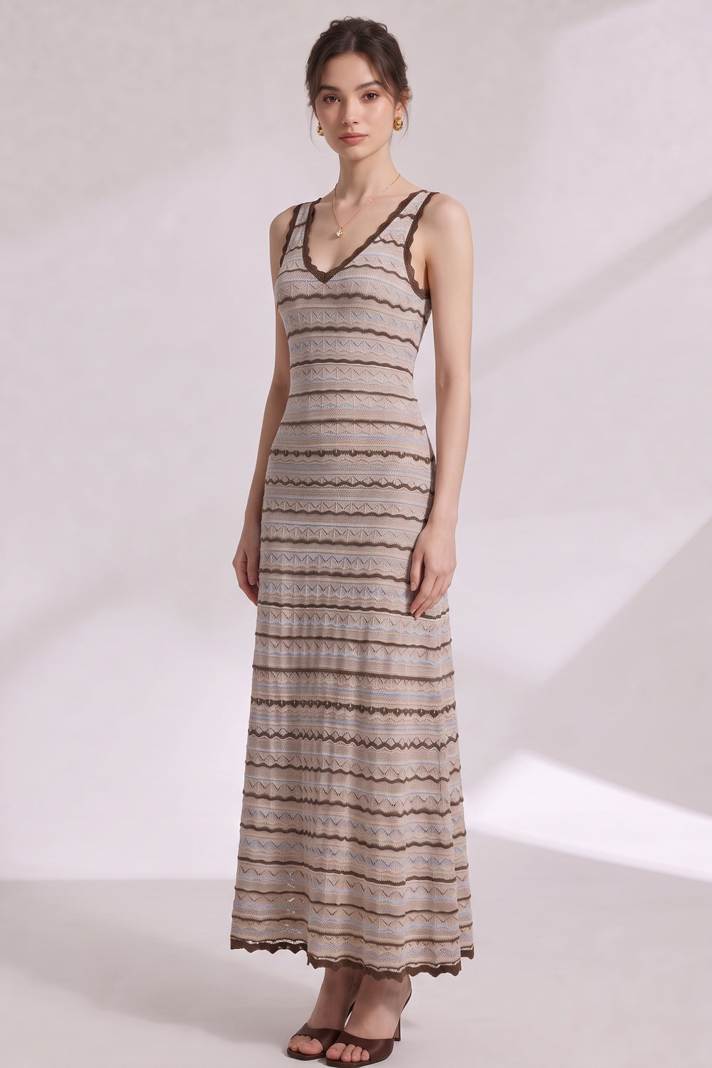 Beige Crochet-Style Knit A-Line Maxi Dress - OWNCI