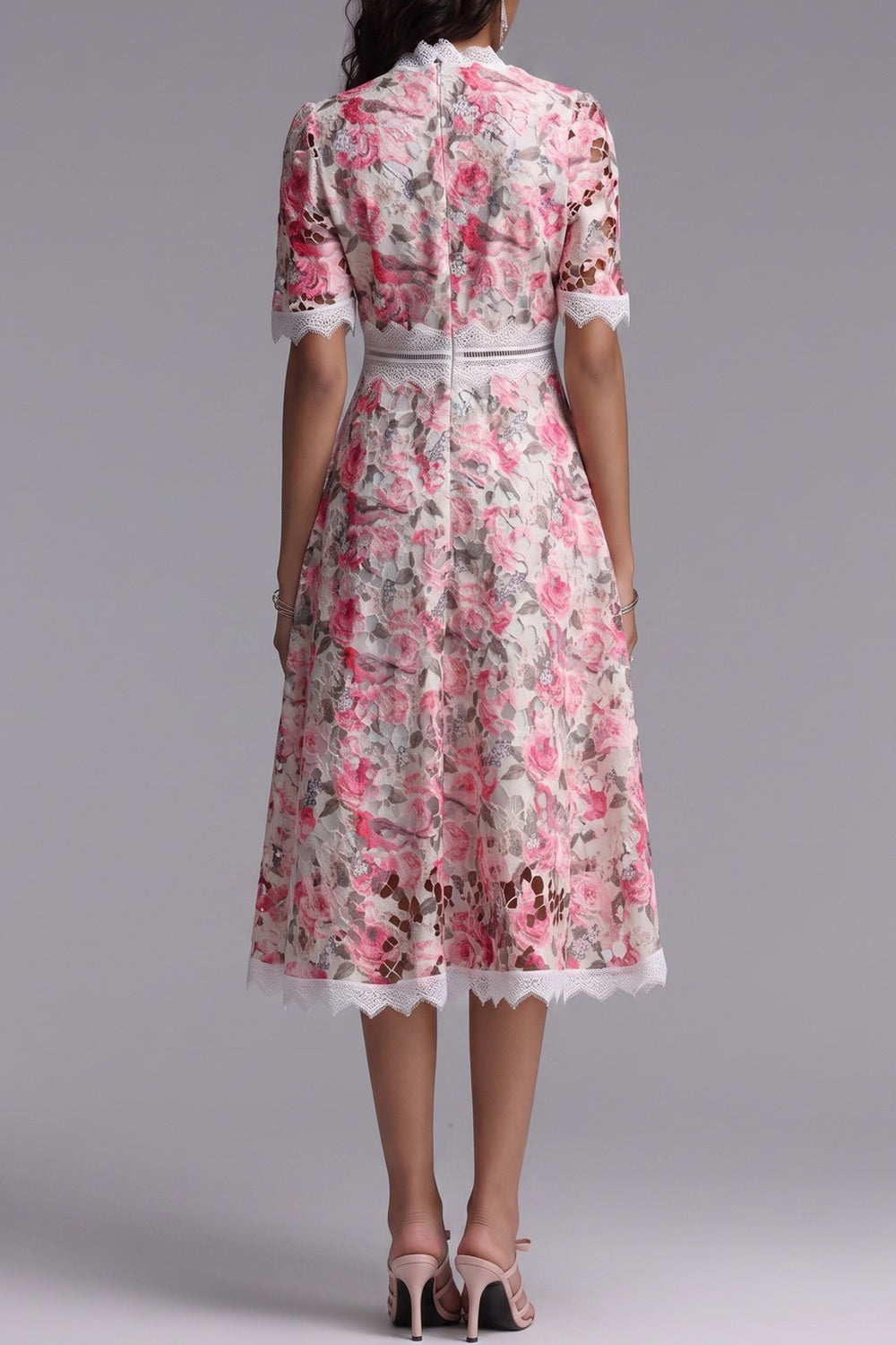 Pink Floral Cutwork Lace Midi Dress - OWNCI Pink Floral Cutwork Lace Midi Dress - OWNCI