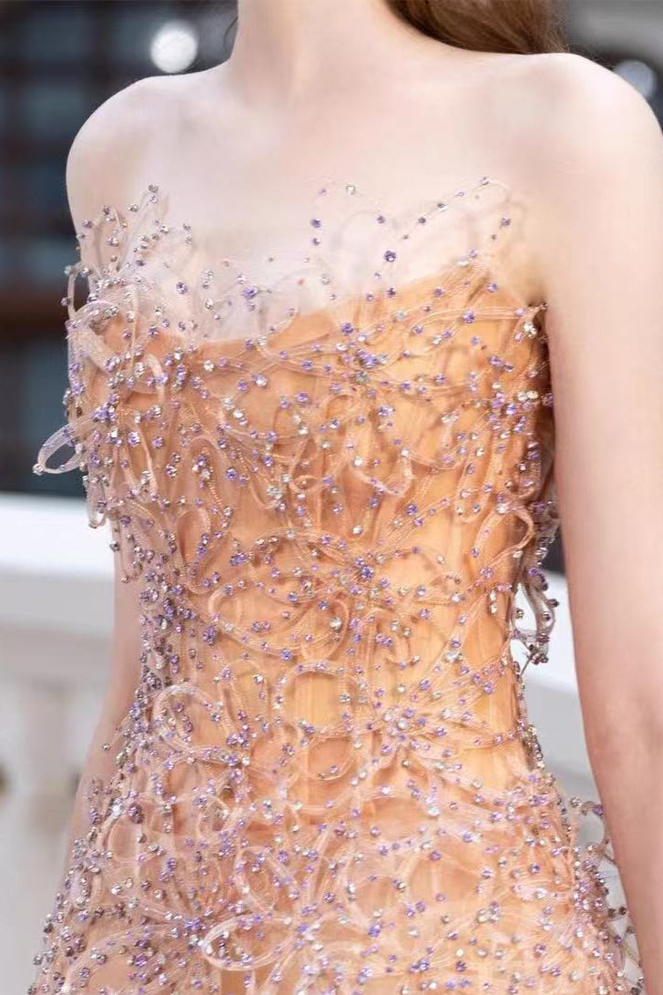 Nude Beaded Strapless Maxi Dress - OWNCI