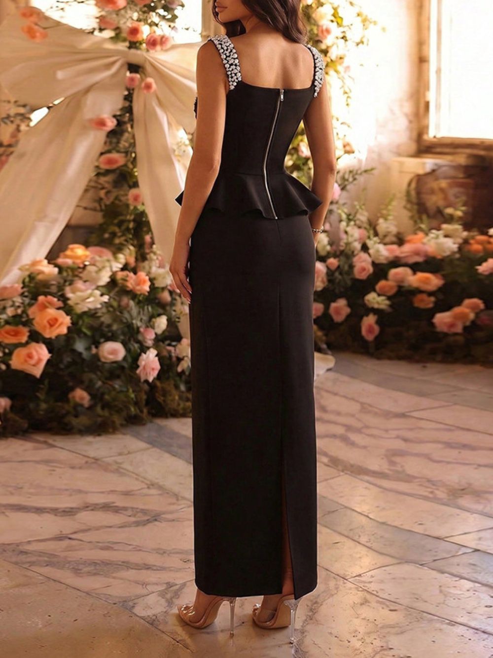 Crystal Pearl Peplum Detail Maxi Dress Black - OWNCI