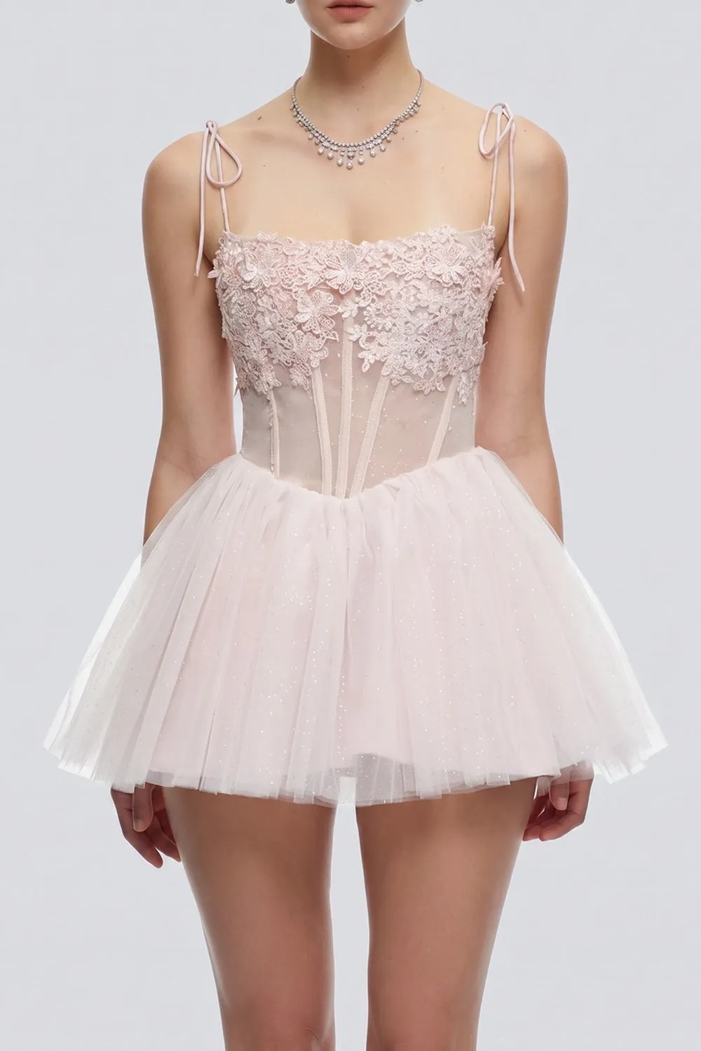 Tie Strap 3D Floral Mesh Corset Tulle Mini Dress - OWNCI Tie Strap 3D Floral Mesh Corset Tulle Mini Dress - OWNCI
