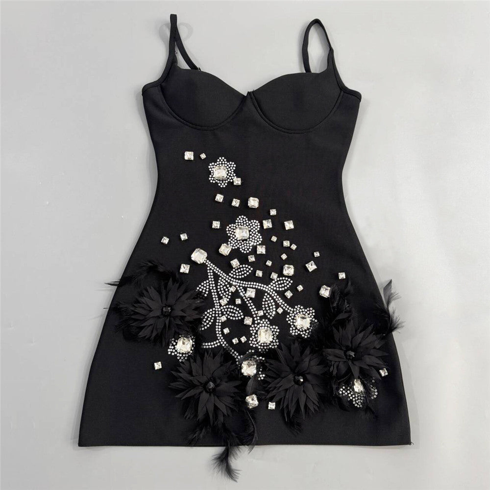 Hedy Rhinestone Feather Bandage Strappy mini Dress – Black - OWNCI Hedy Rhinestone Feather Bandage Strappy mini Dress – Black - OWNCI