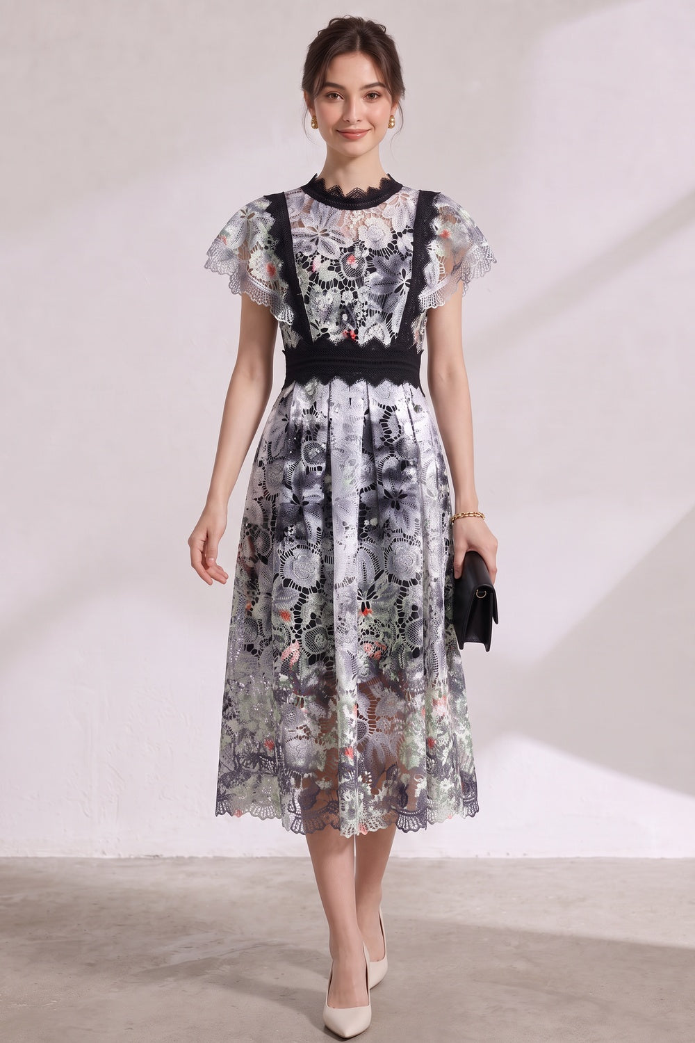 White Embroidered Guipure Lace Fit-and-Flare Midi Dress - OWNCI White Embroidered Guipure Lace Fit-and-Flare Midi Dress - OWNCI
