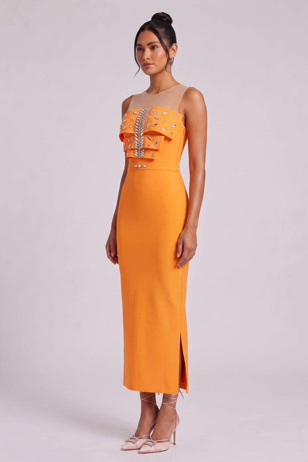 Orange Ruffle Embellished Midi Dress - OWNCI