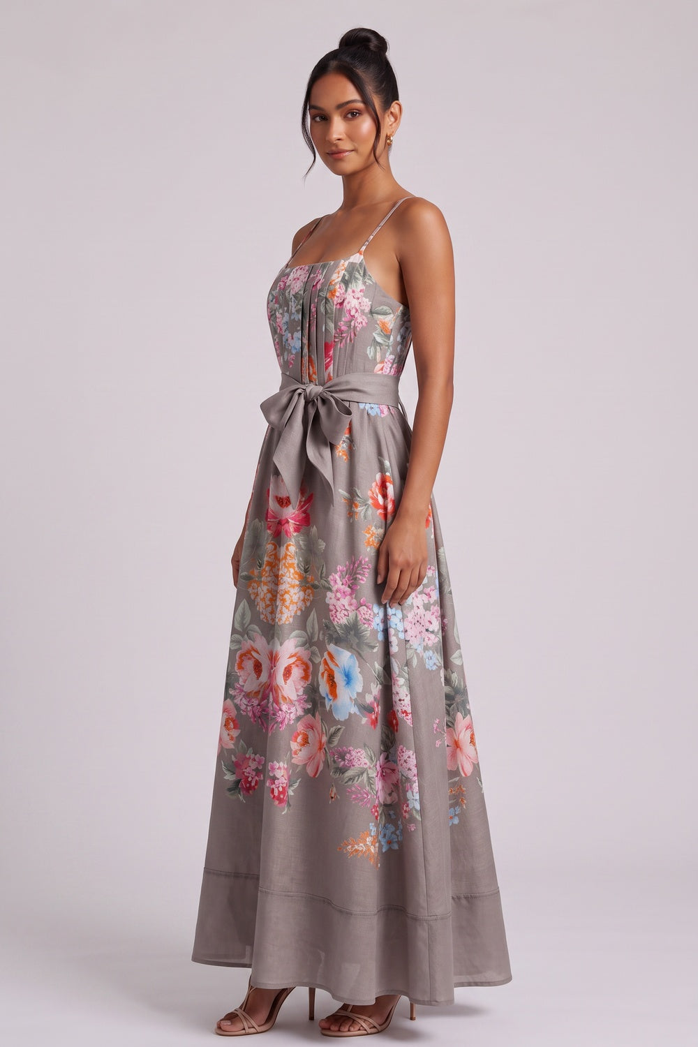 Taupe Linen-Blend A-Line Floral Maxi Dress - OWNCI