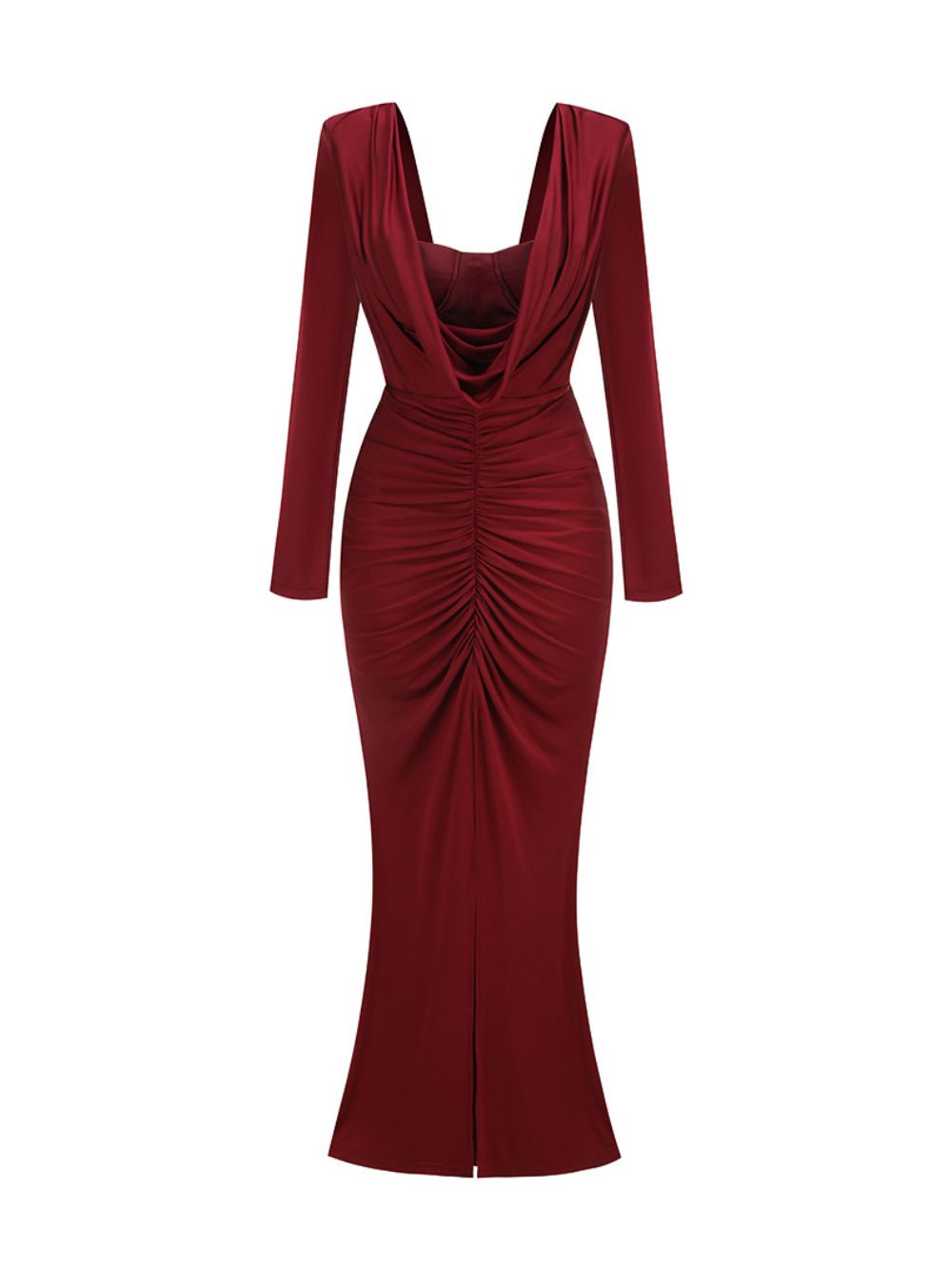 Long Sleeve Draped Bustier Maxi Dress Burgundy - OWNCI