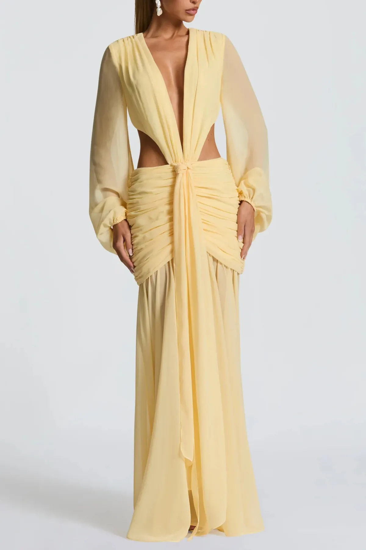 Roniny Cutout Chiffon Draped Maxi Dress – Yellow - OWNCI