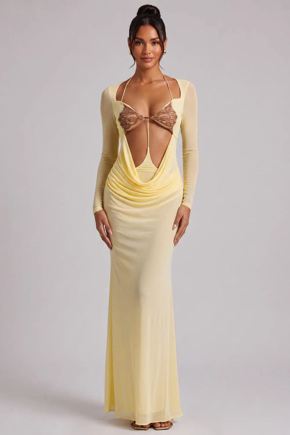 Pale Yellow Long Sleeve Maxi Dress with Cutout Detail - OWNCI Pale Yellow Long Sleeve Maxi Dress with Cutout Detail - OWNCI