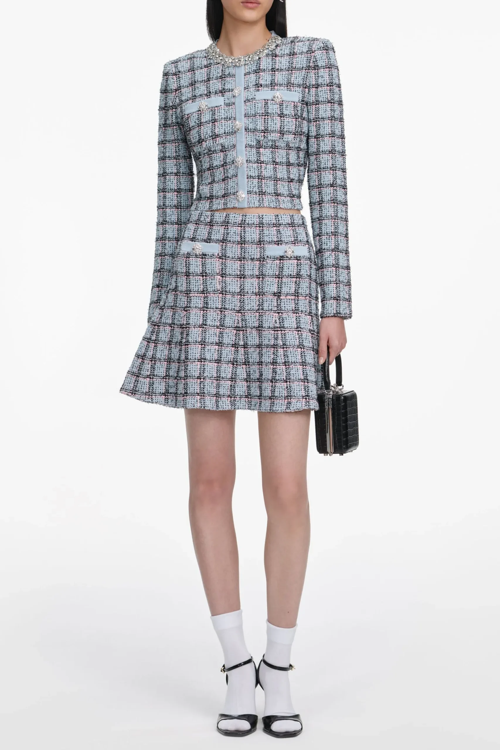 Marjorie Rhinestone Check Knit Cardigan Skirt Set – Pale Blue - OWNCI Marjorie Rhinestone Check Knit Cardigan Skirt Set – Pale Blue - OWNCI