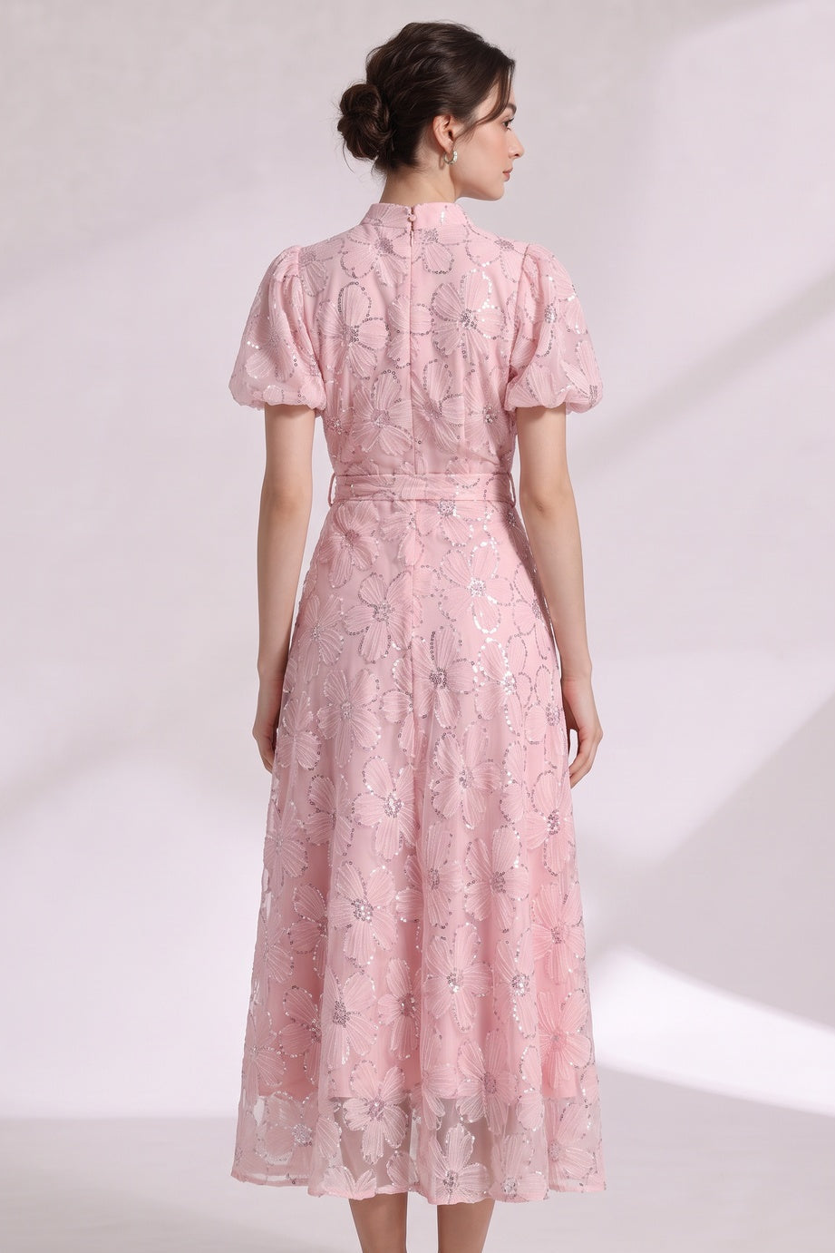 Light Pink Sheer Organza A-Line Midi Dress with Floral Applique - OWNCI Light Pink Sheer Organza A-Line Midi Dress with Floral Applique - OWNCI