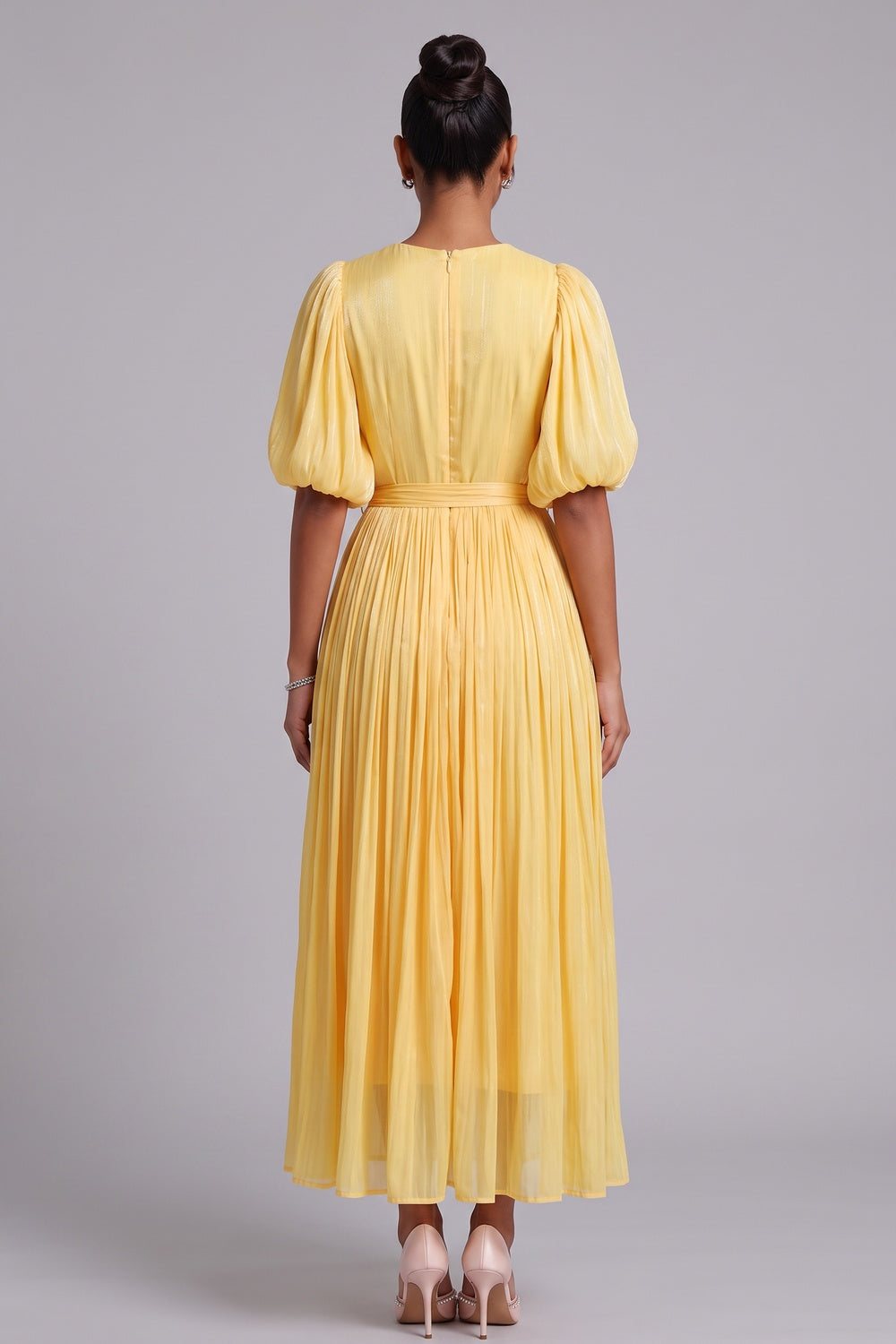 Yellow Midi Dress with Beaded Neckline and 3D Floral Appliqués - OWNCI Yellow Midi Dress with Beaded Neckline and 3D Floral Appliqués - OWNCI