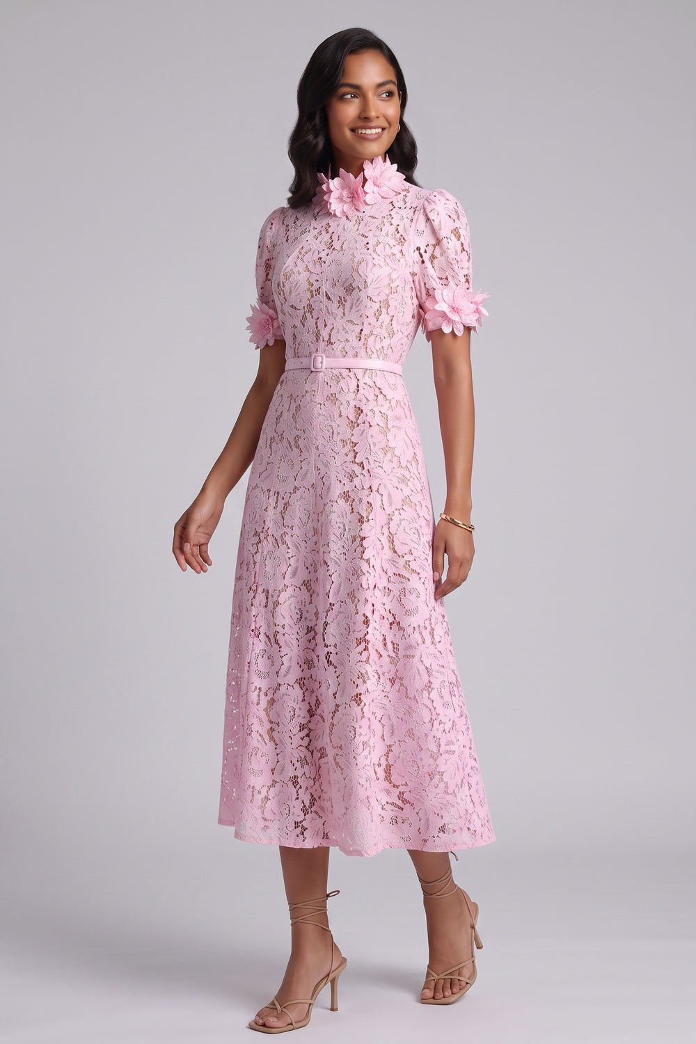 Pink Floral Lace A-Line Midi Dress - OWNCI