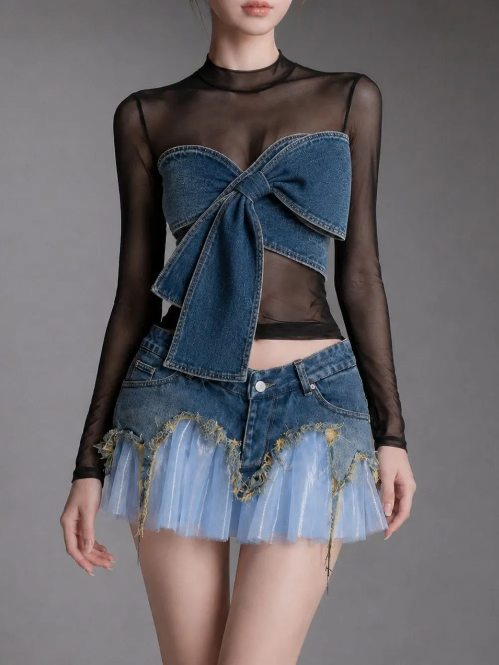 Maven Black Mesh Denim Bow Top - OWNCI Maven Black Mesh Denim Bow Top - OWNCI