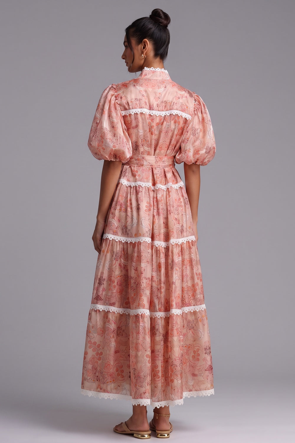 Peach Organza A-Line Tiered Maxi Dress with Botanical Floral Print - OWNCI Peach Organza A-Line Tiered Maxi Dress with Botanical Floral Print - OWNCI