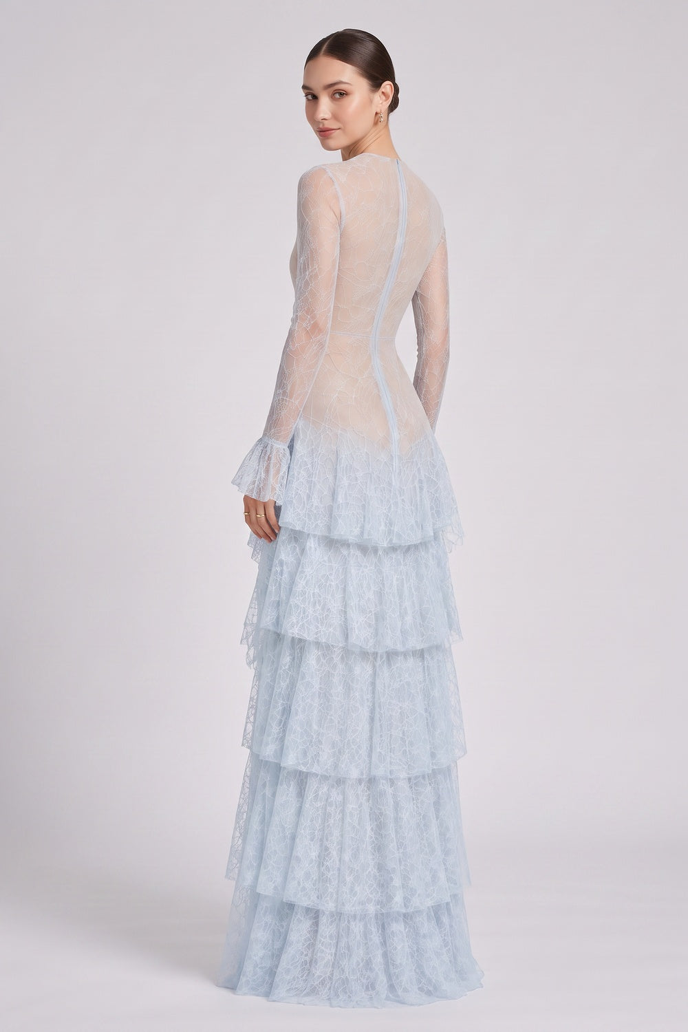 Light Blue Floral Lace Tiered A-Line Gown - OWNCI Light Blue Floral Lace Tiered A-Line Gown - OWNCI