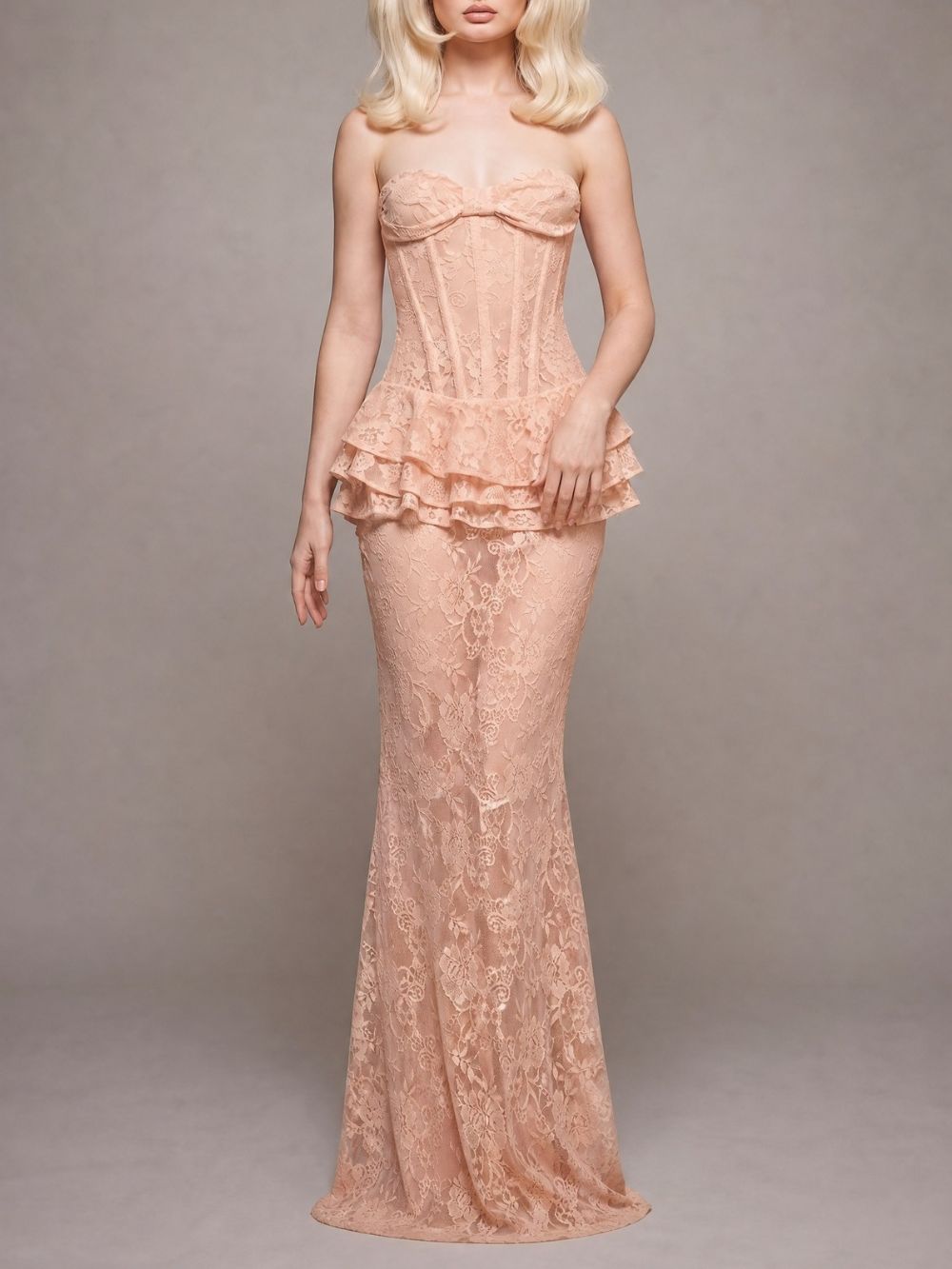 Strapless Nude Peplum Maxi Dress Nude Pink - OWNCI Strapless Nude Peplum Maxi Dress Nude Pink - OWNCI