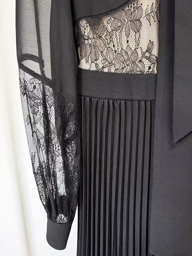Bow Collar Lace Patchwork Pleated Maxi Gown - OWNCI Bow Collar Lace Patchwork Pleated Maxi Gown - OWNCI