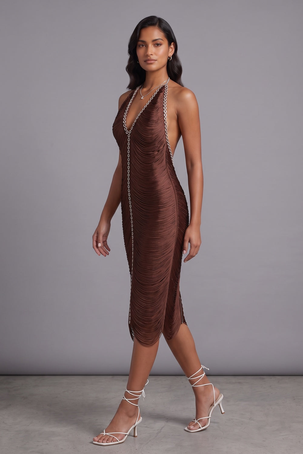 Chocolate Brown Micro-Fringe Textured Synthetic Sheath Dress - OWNCI