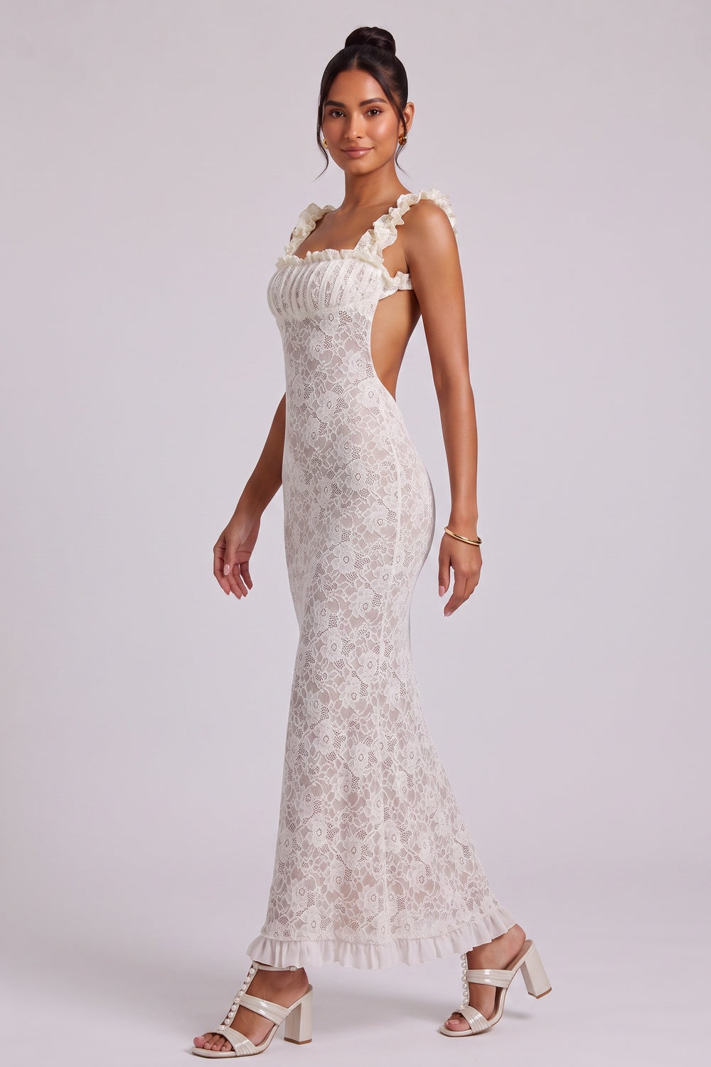 White Lace Maxi Dress with Ruffled Square Neckline - OWNCI White Lace Maxi Dress with Ruffled Square Neckline - OWNCI