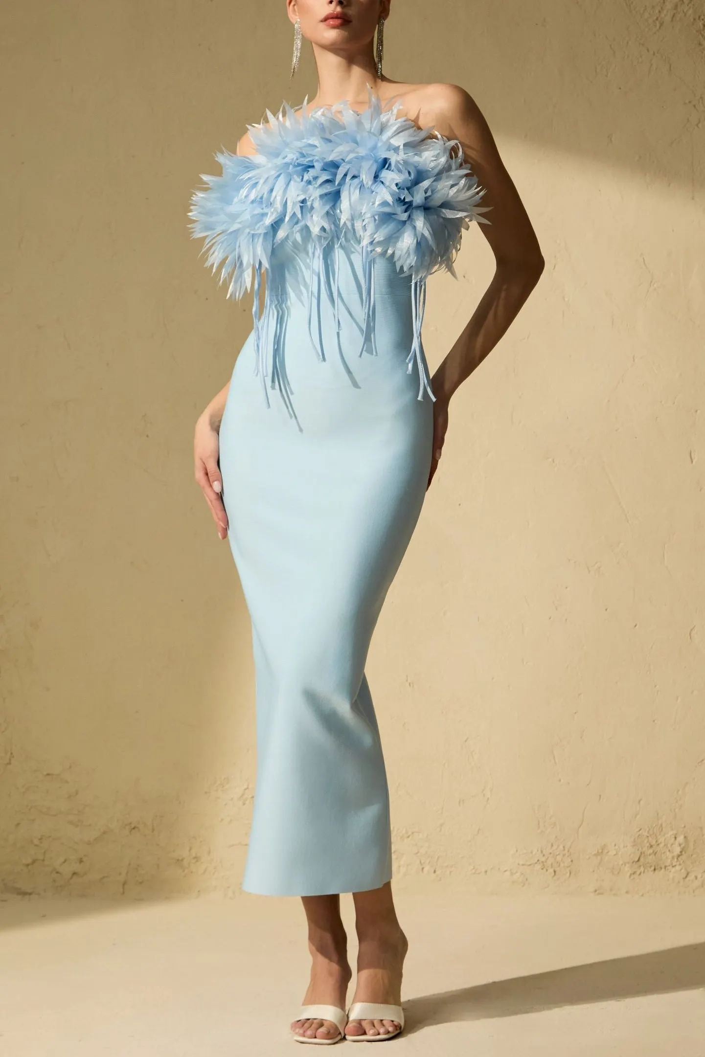 Penny Blue Petal Applique Strapless Midi Dress - OWNCI