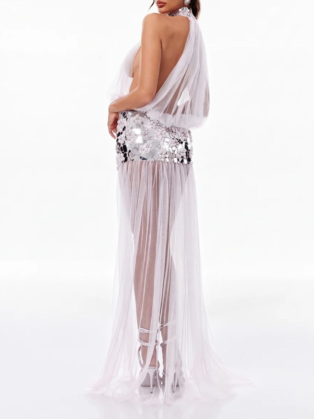 Genet Halterneck Tulle Acrylic Dress In White - OWNCI