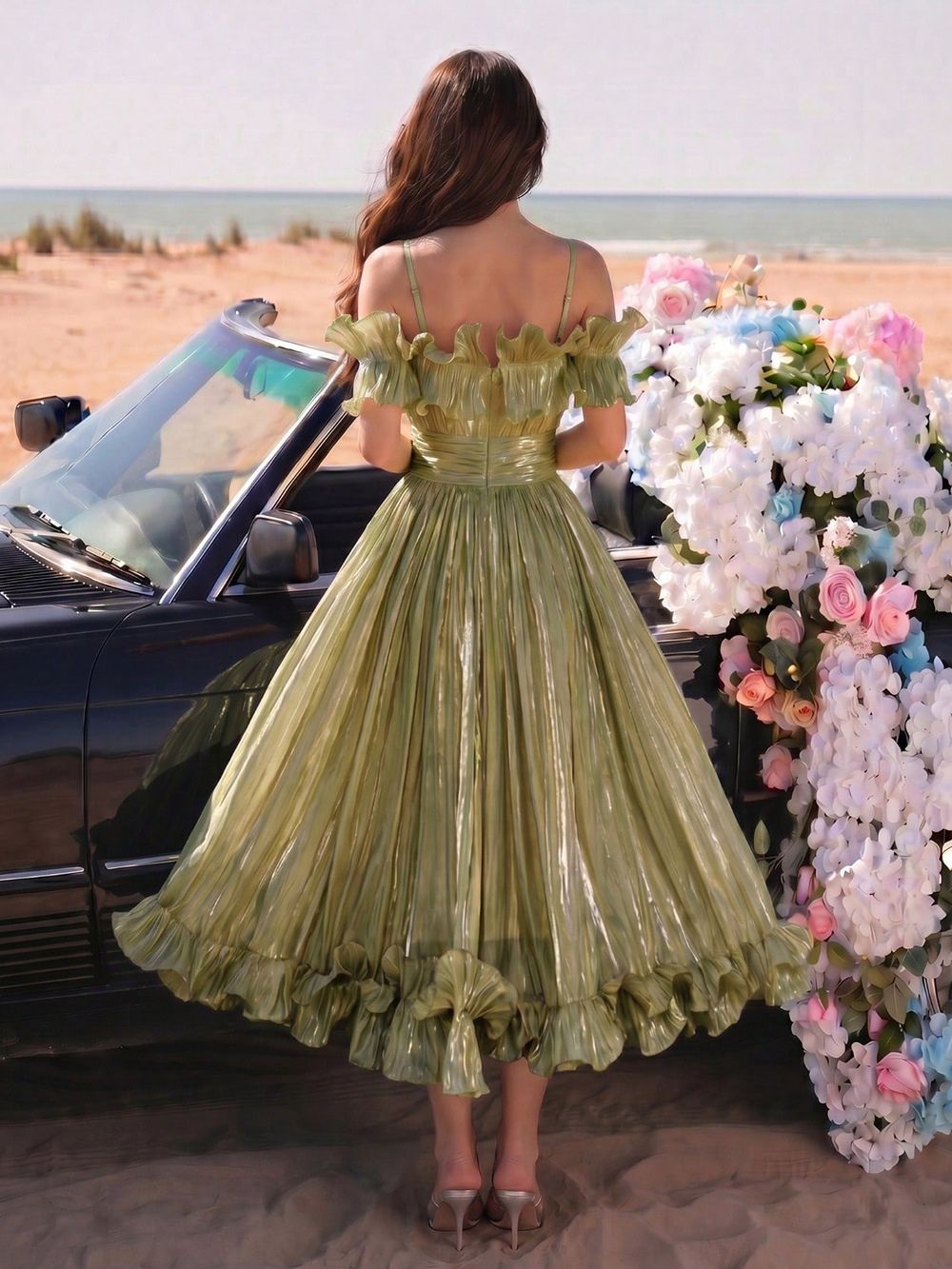 Olive Green Pleated Satin Or Taffeta Fit-And-Flare, Off-The-Shoulder Midi Dress - OWNCI Olive Green Pleated Satin Or Taffeta Fit-And-Flare, Off-The-Shoulder Midi Dress - OWNCI