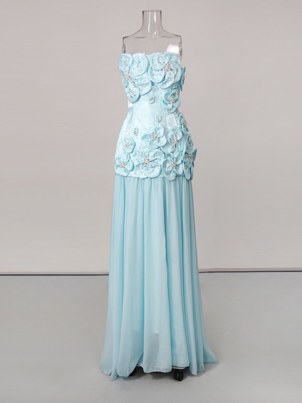 Strapless Floral A Line Maxi Dress Turquoise - OWNCI