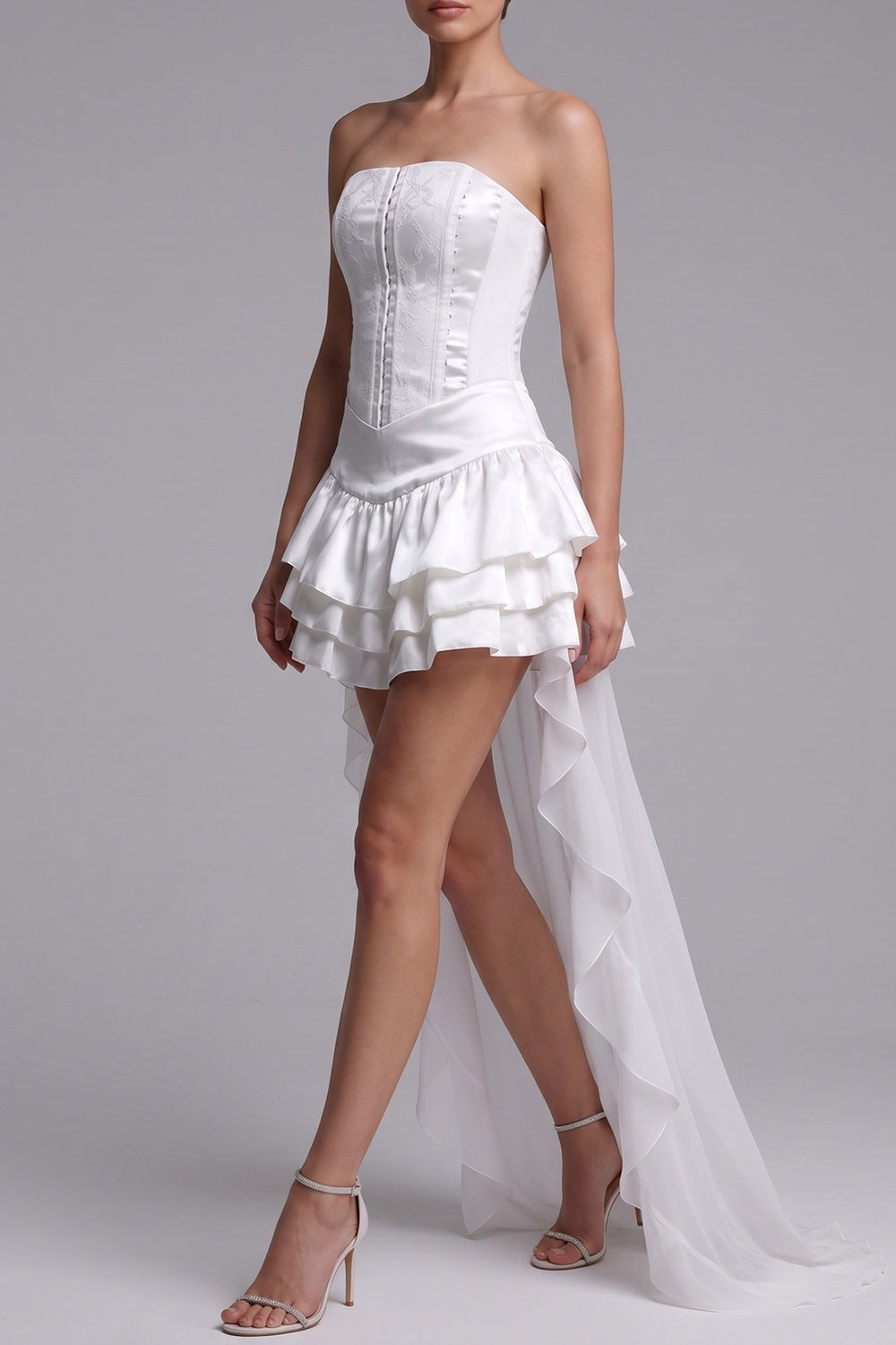 Strapless Textured Corset High Low Ruffle Mini Dress - OWNCI