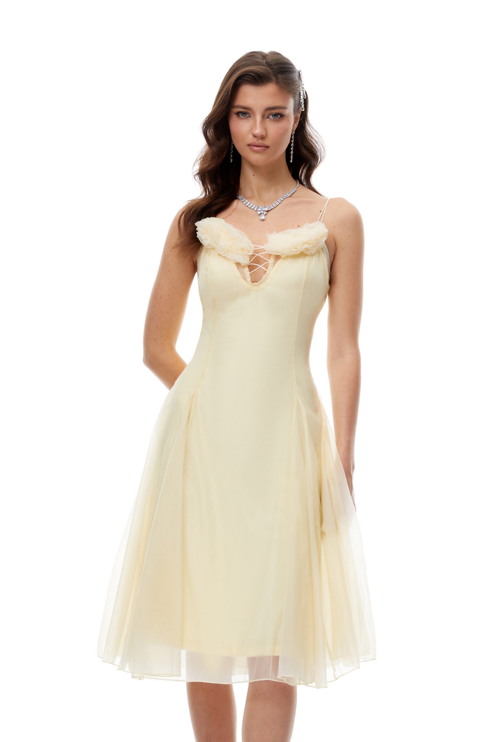 Kristin Yellow Floral Appliqué Tulle Midi Dress - OWNCI Kristin Yellow Floral Appliqué Tulle Midi Dress - OWNCI