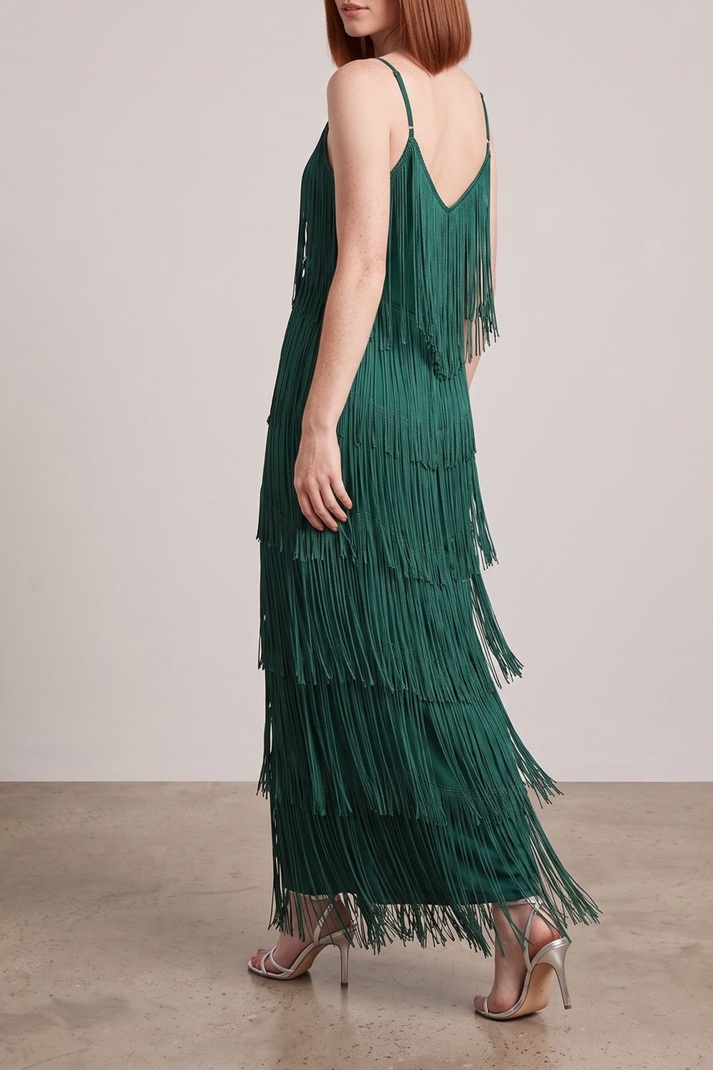 Spaghetti Strap V-Neck Layered Fringe Maxi Dress - OWNCI