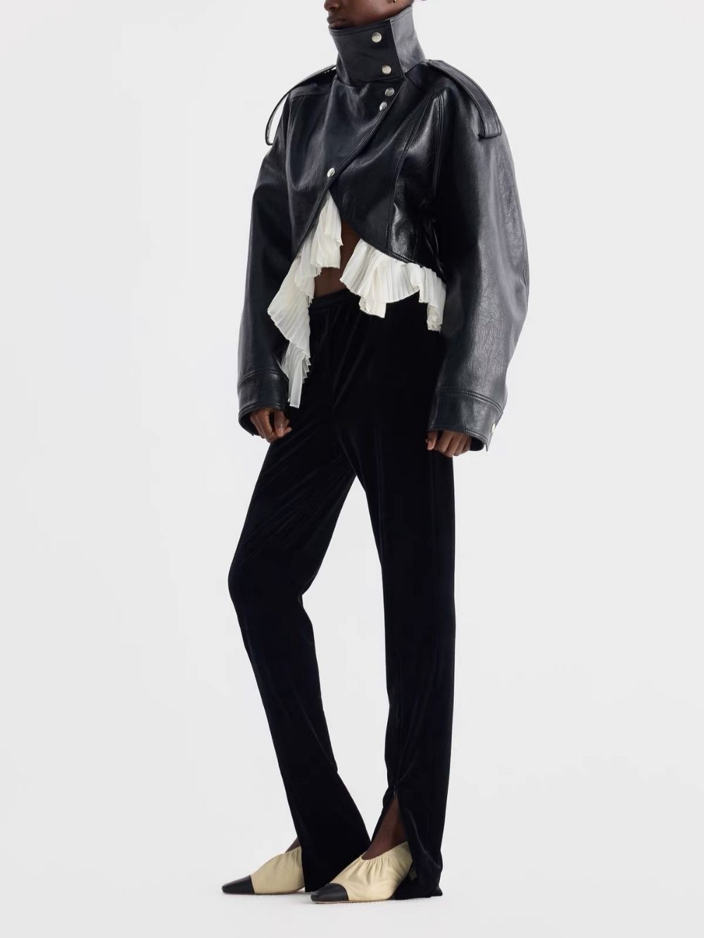 Maysa Black PU Leather Ruffle Jacket - OWNCI