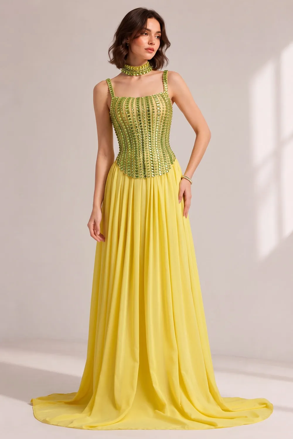 Lime Green Rhinestone Spaghetti Strap Choker Neck Pleated Chiffon Train Evening Gown - OWNCI Lime Green Rhinestone Spaghetti Strap Choker Neck Pleated Chiffon Train Evening Gown - OWNCI