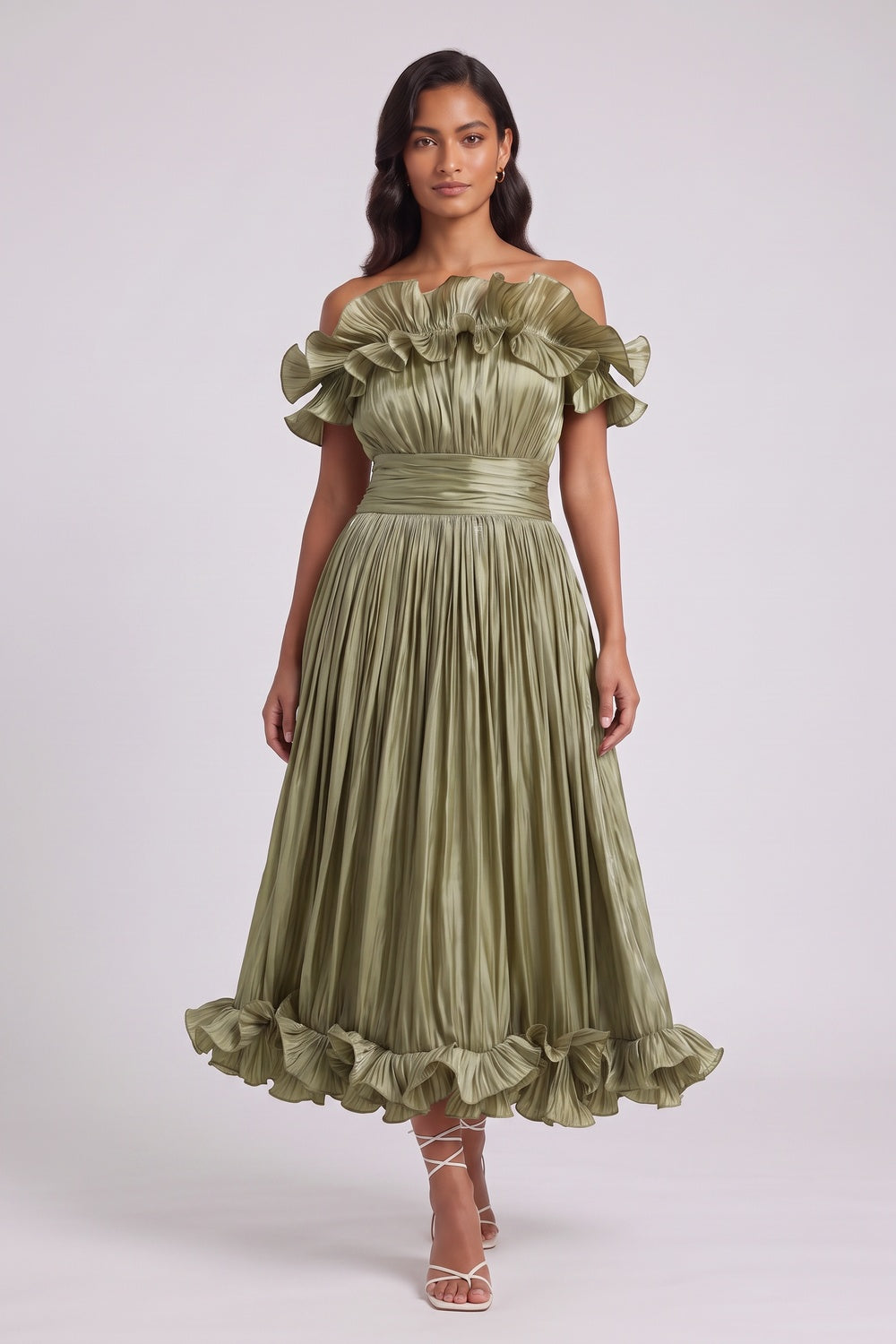 Olive Green Pleated Satin Or Taffeta Fit-And-Flare, Off-The-Shoulder Midi Dress - OWNCI Olive Green Pleated Satin Or Taffeta Fit-And-Flare, Off-The-Shoulder Midi Dress - OWNCI