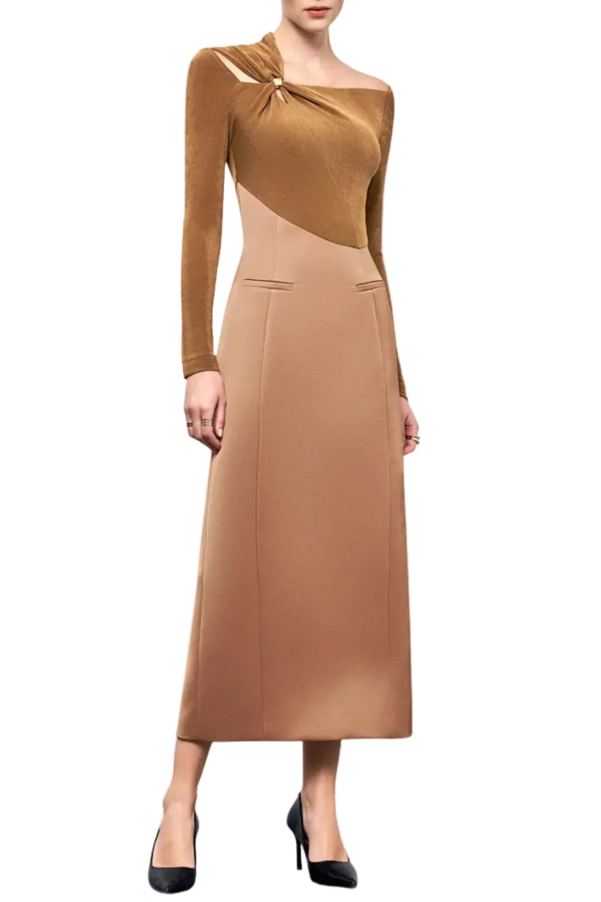 Samaro Asymmetric Cutout Panel Midi Dress – Brown - OWNCI