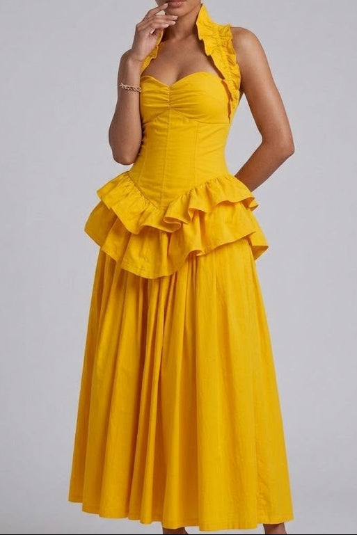 Yellow Ruffled Peplum Midi Dress - OWNCI Yellow Ruffled Peplum Midi Dress - OWNCI