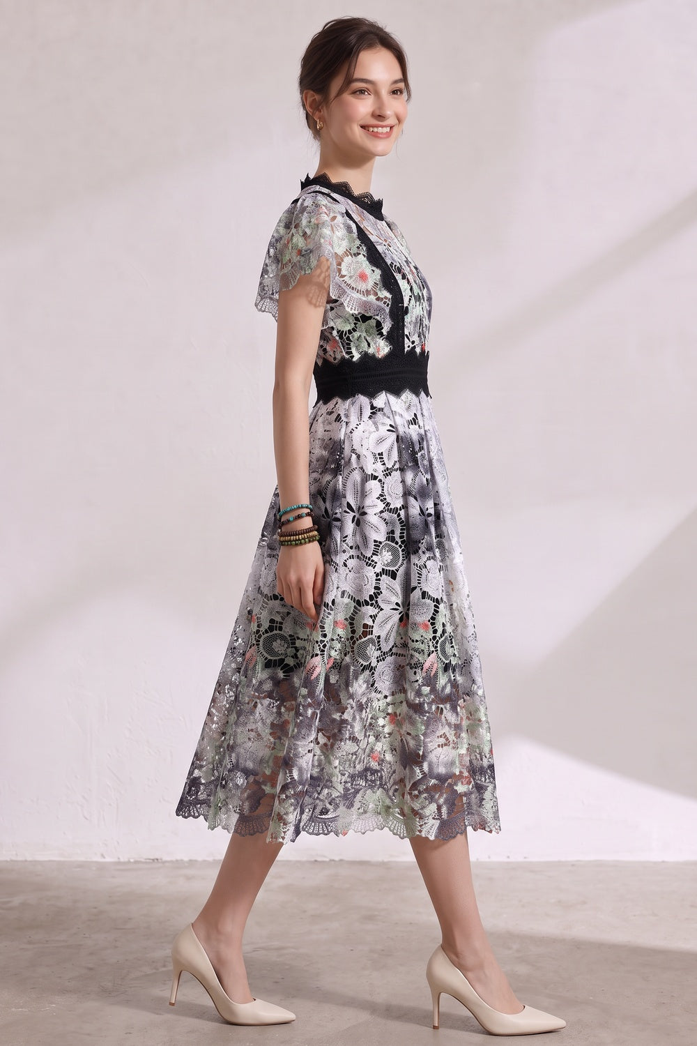 White Embroidered Guipure Lace Fit-and-Flare Midi Dress - OWNCI White Embroidered Guipure Lace Fit-and-Flare Midi Dress - OWNCI