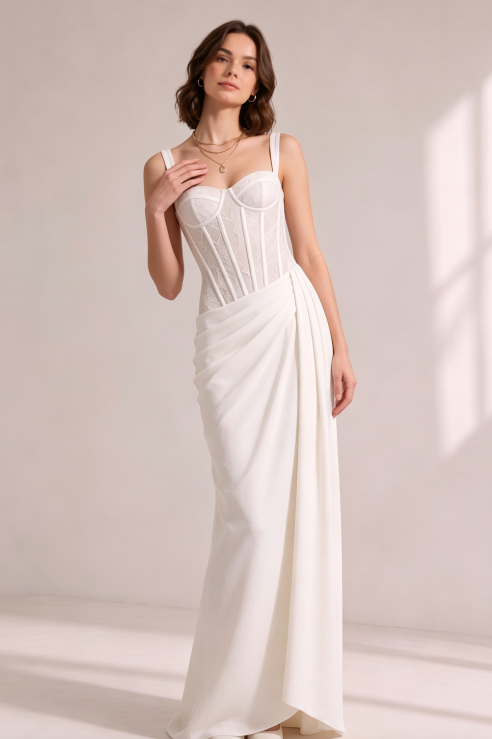 White Lace Corset Spaghetti Strap Draped Satin Maxi Gown - OWNCI White Lace Corset Spaghetti Strap Draped Satin Maxi Gown - OWNCI