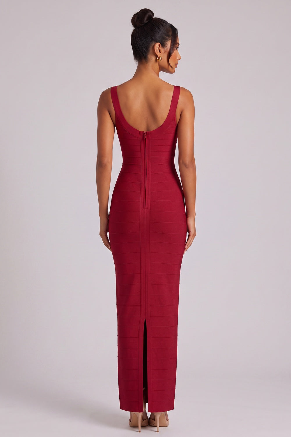 Burgundy Scoop Neck Sleeveless Bandage Midi Dress - OWNCI Burgundy Scoop Neck Sleeveless Bandage Midi Dress - OWNCI