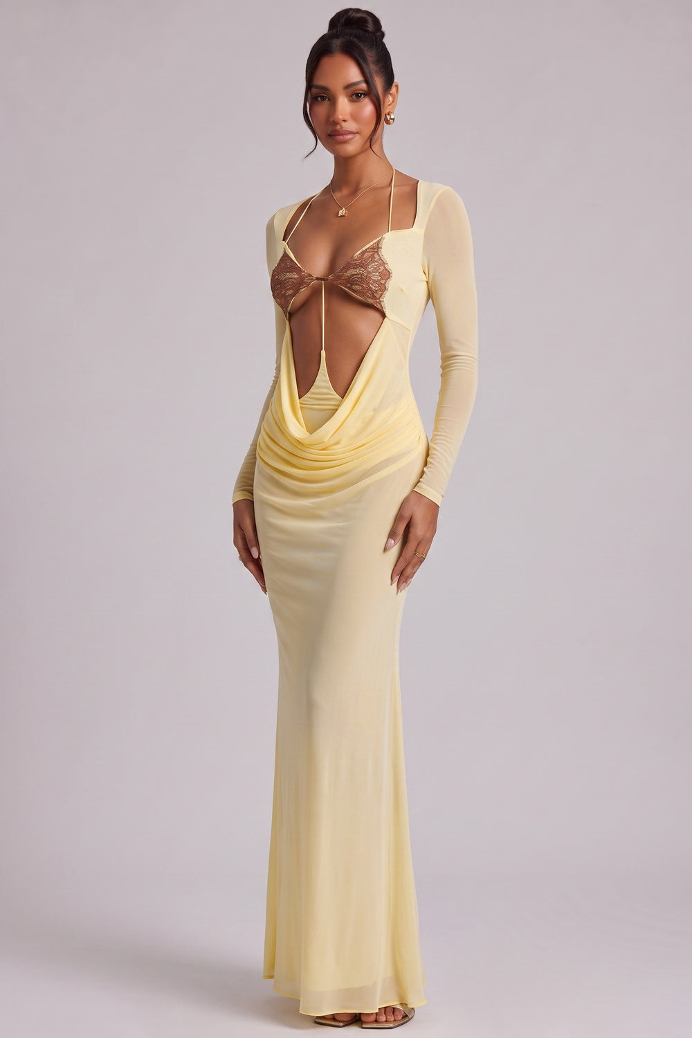Pale Yellow Long Sleeve Maxi Dress with Cutout Detail - OWNCI Pale Yellow Long Sleeve Maxi Dress with Cutout Detail - OWNCI