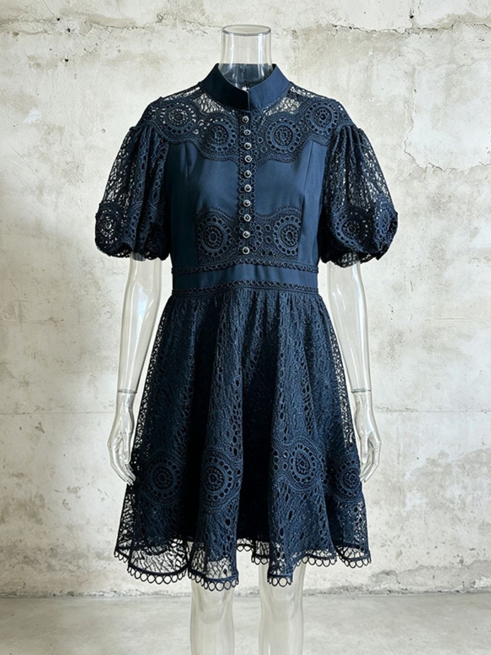 Matti Navy Puff Sleeve Embroidery Mini Dress - OWNCI