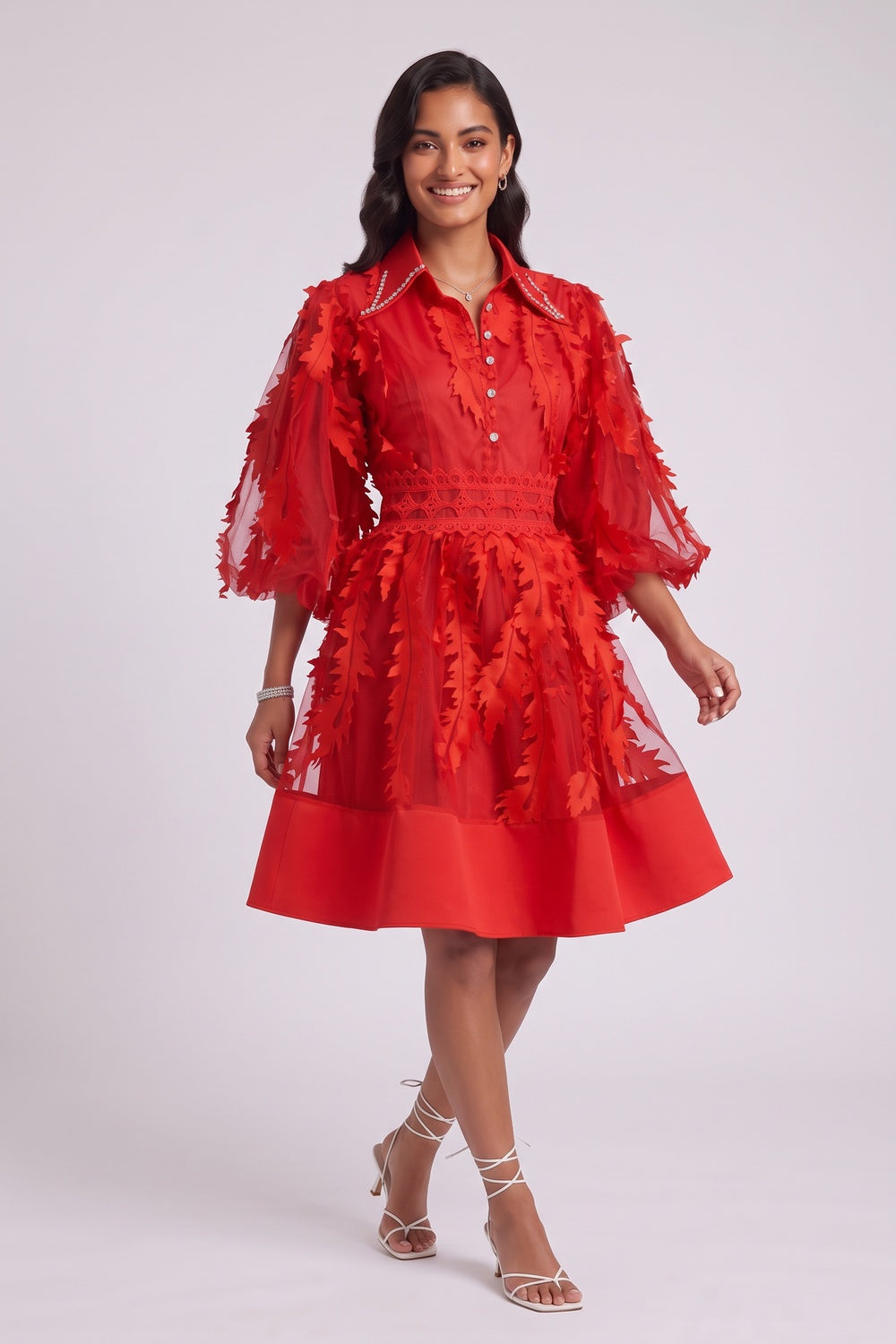 Red Sheer Organza 3D Appliqué Fit-and-Flare Dress - OWNCI