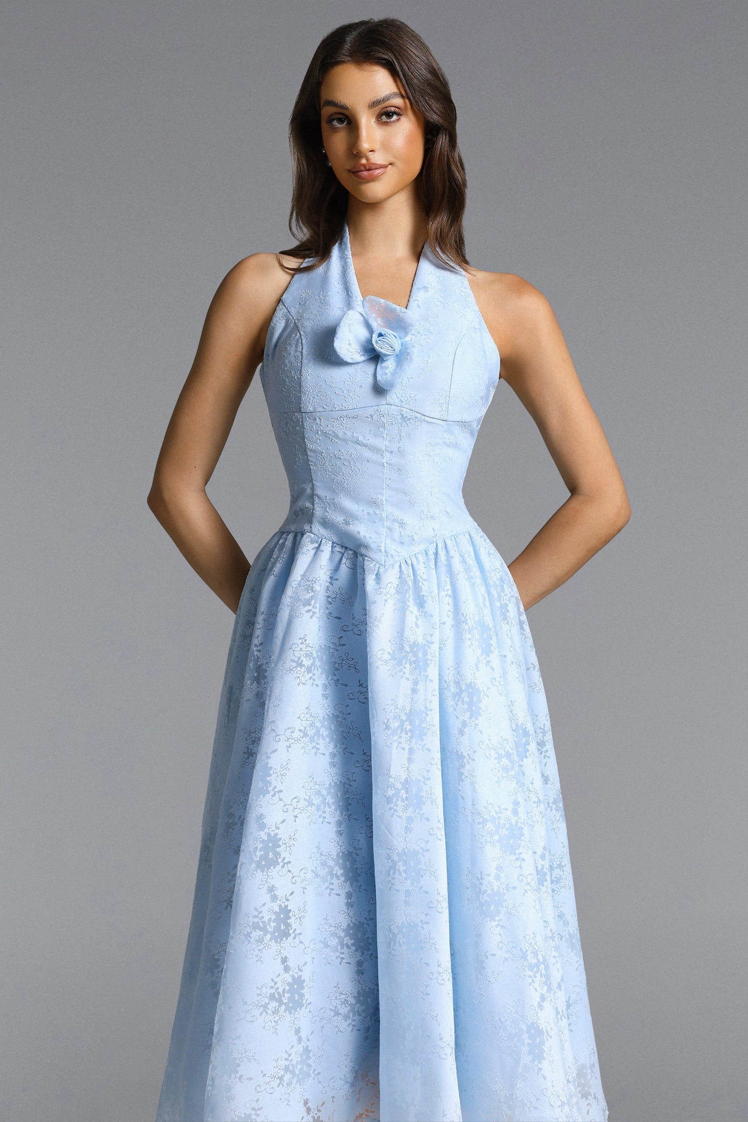 Delaney Blue Halter Floral Jacquard Midi Dress - OWNCI Delaney Blue Halter Floral Jacquard Midi Dress - OWNCI