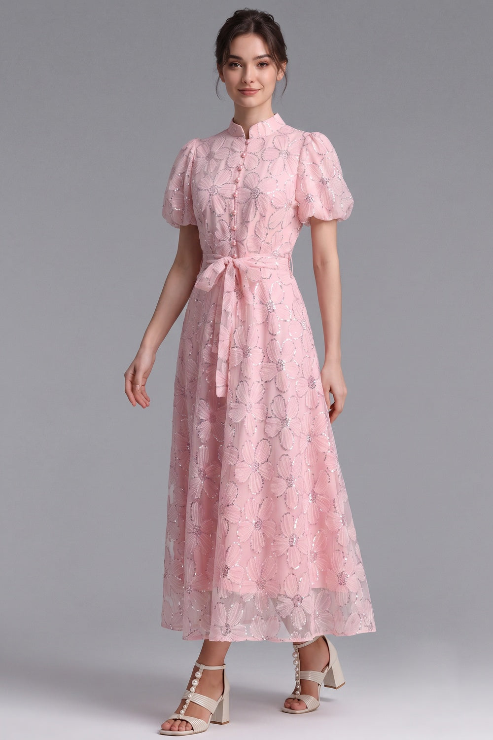 Light Pink Sheer Organza A-Line Midi Dress with Floral Applique - OWNCI