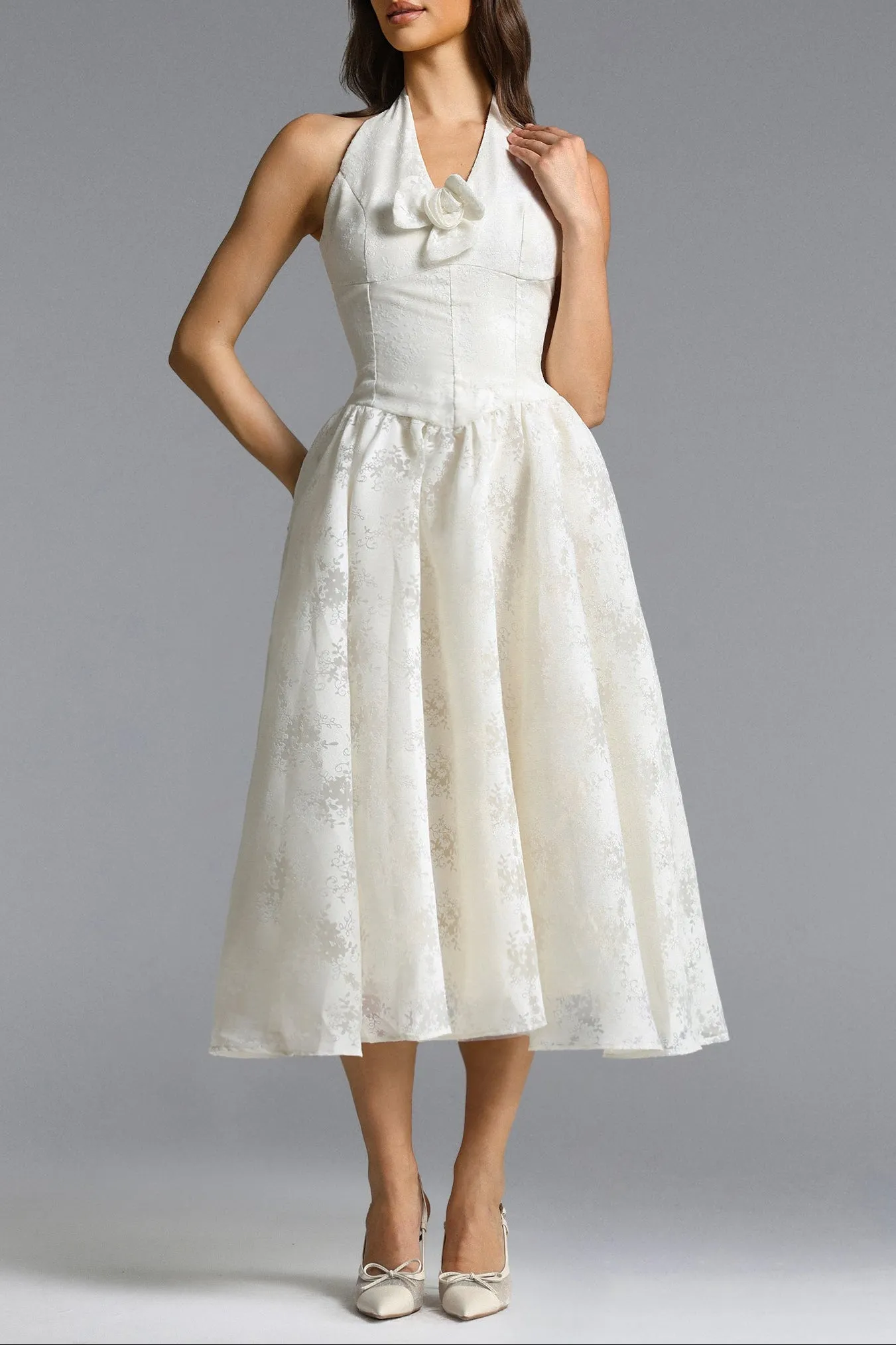 Delaney White Halter Floral Jacquard Midi Dress - OWNCI Delaney White Halter Floral Jacquard Midi Dress - OWNCI