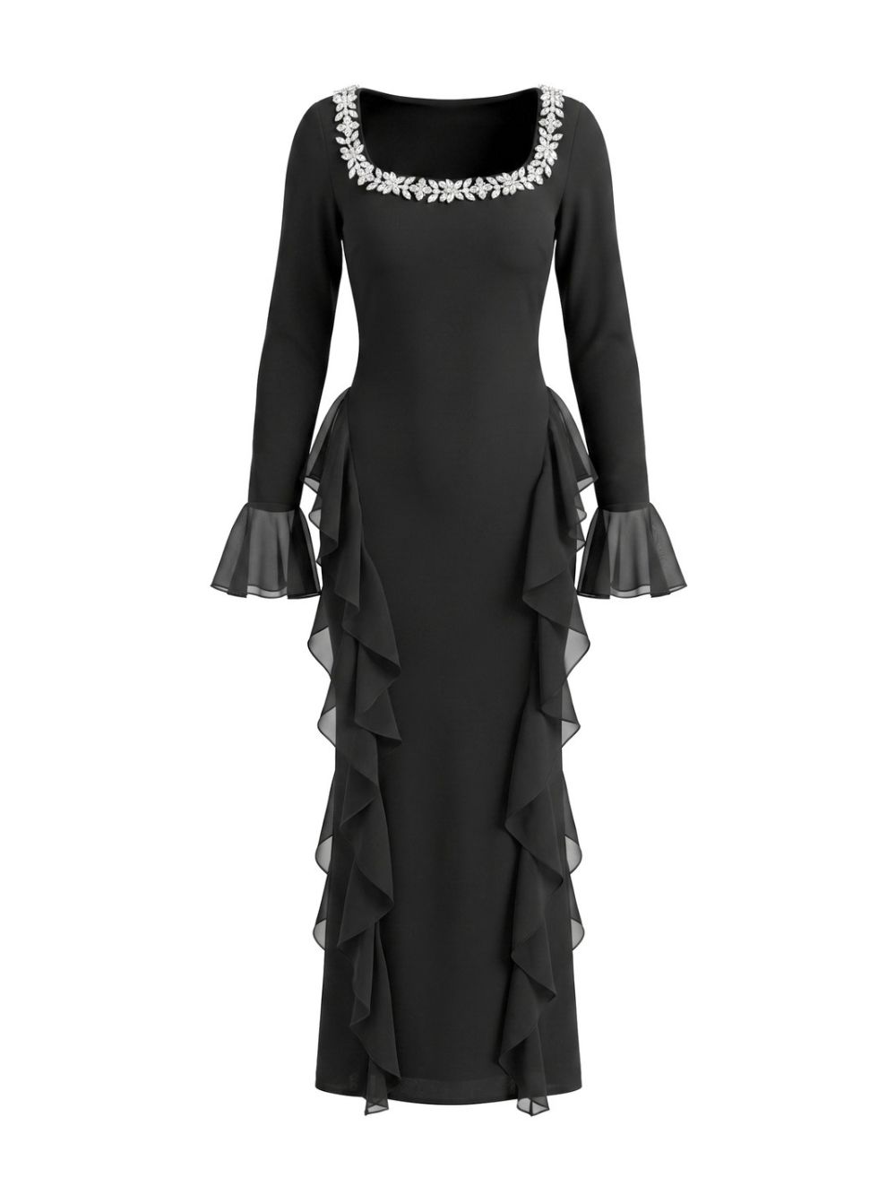 Long Sleeve Crystal Ruffle Detail Maxi Dress Black - OWNCI Long Sleeve Crystal Ruffle Detail Maxi Dress Black - OWNCI