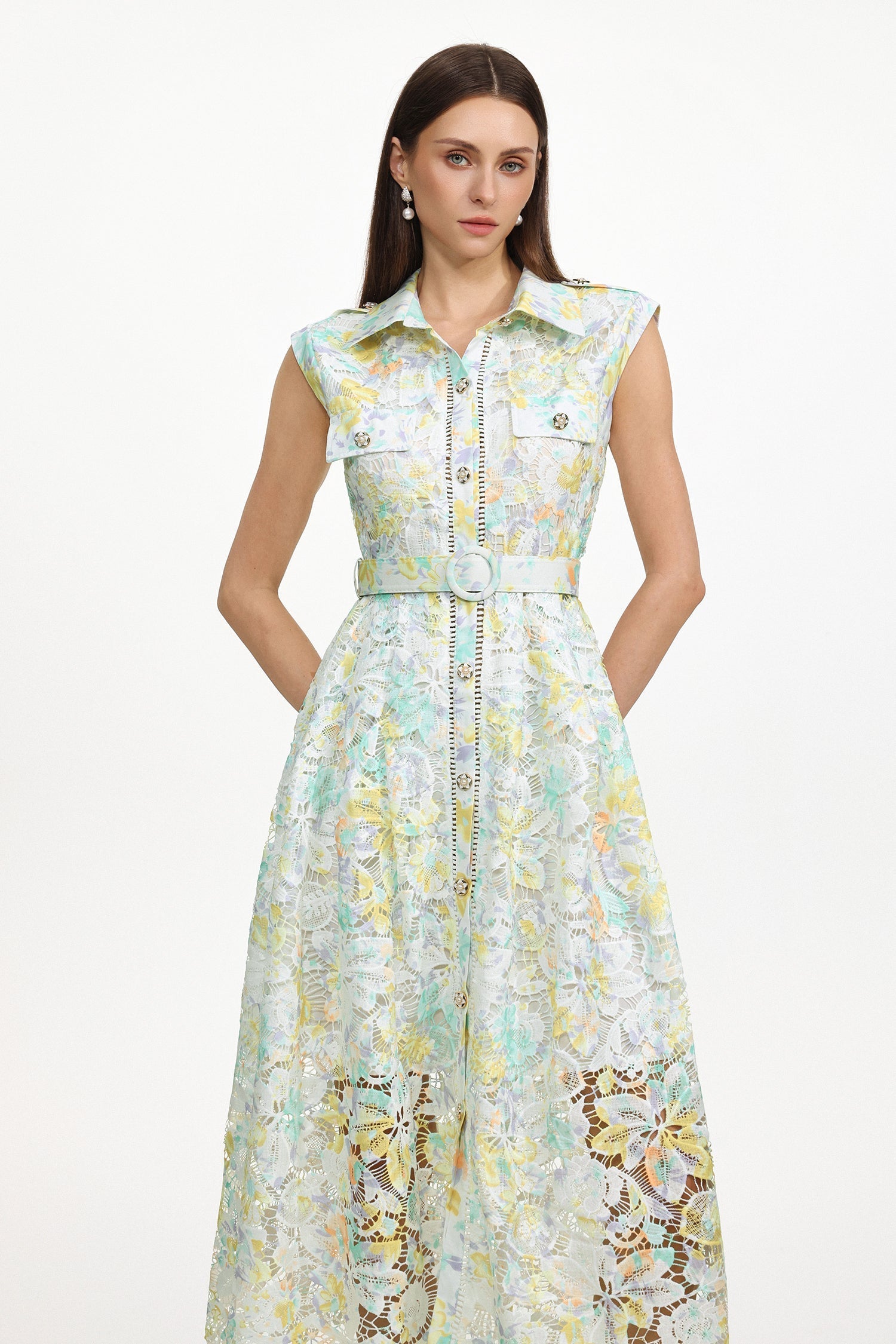 Viya Green Sleeveless Floral Print Lace Midi Dress - OWNCI Viya Green Sleeveless Floral Print Lace Midi Dress - OWNCI